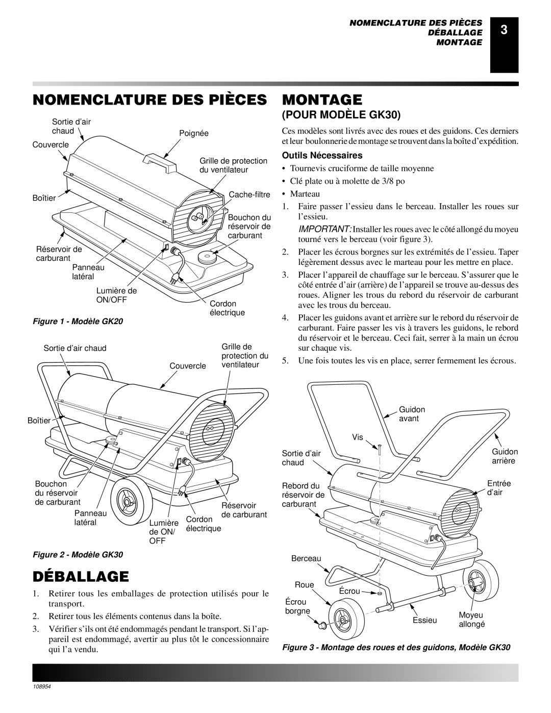 Desa GK20 owner manual Nomenclature DES Pièces, Déballage, Montage, Pour Modè LE GK30, Outils Né cessaires 