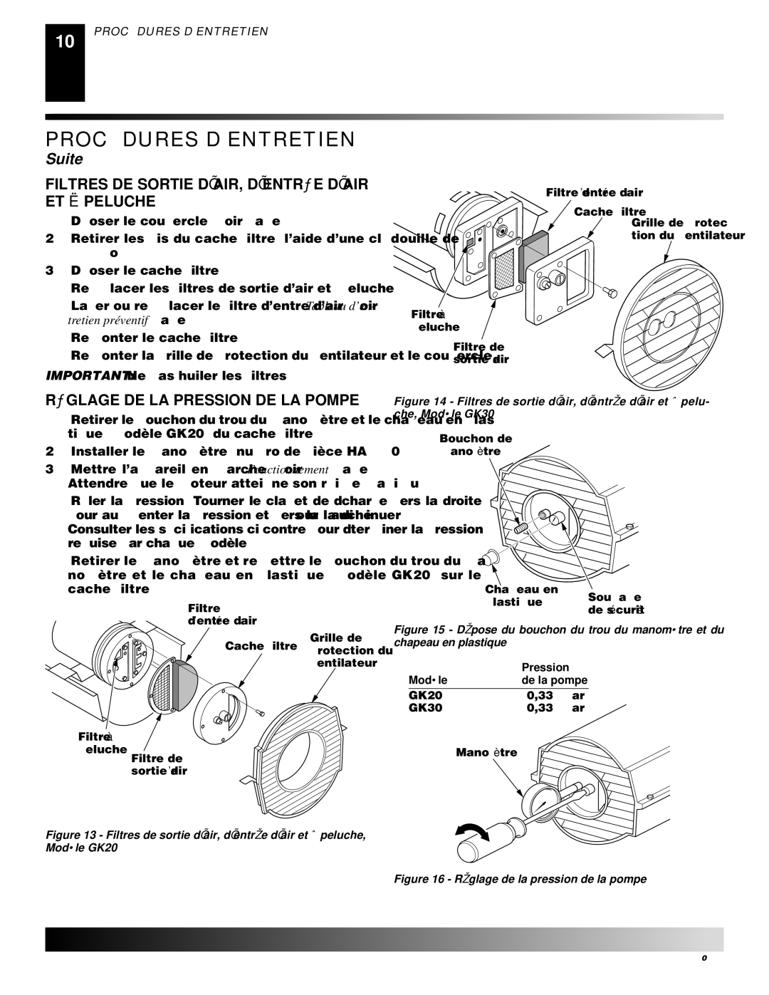 Desa GK20, GK30 owner manual Filtres DE Sortie D’AIR, D’ENTRÉ E D’AIR ET À Peluche, RÉ Glage DE LA Pression DE LA Pompe 
