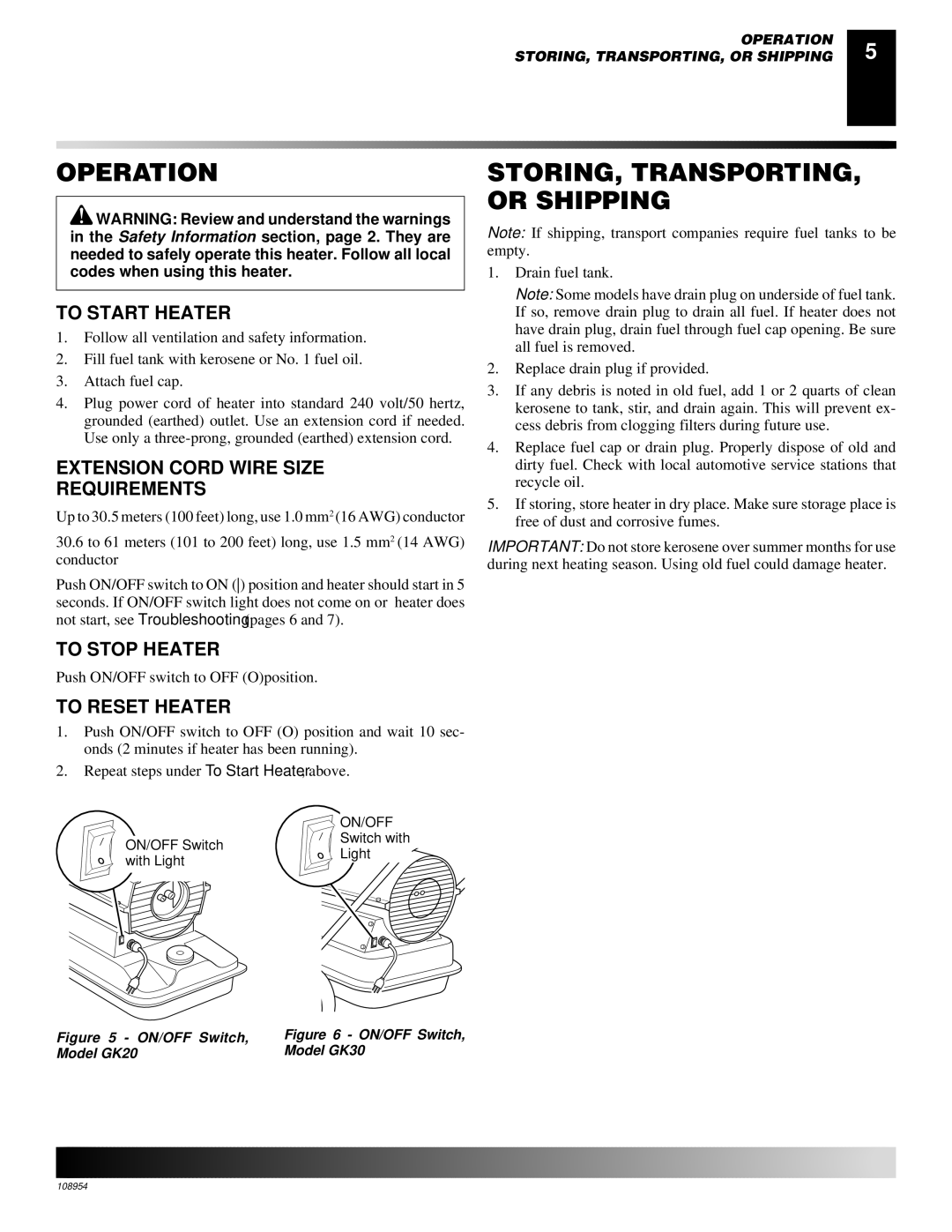 Desa GK30, GK20 owner manual Operation, STORING, TRANSPORTING, or Shipping 