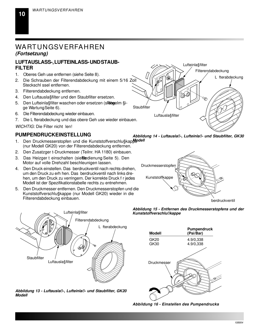 Desa GK20, GK30 owner manual Pumpendruckeinstellung, LUFTAUSLASS-,LUFTEINLASS-UNDSTAUB- Filter 