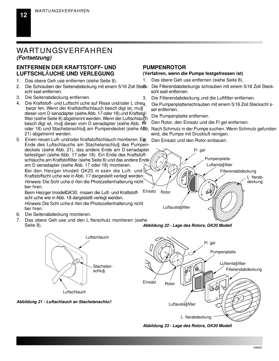 Desa GK20, GK30 owner manual Entfernen DER KRAFTSTOFF- UND Luftschlä Uche UND Verlegung, Pumpenrotor 