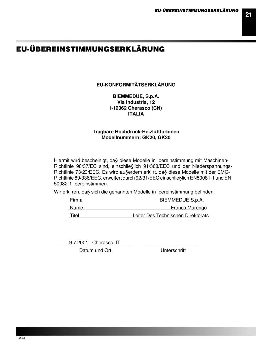 Desa owner manual Eu-Übereinstimmungserklärung, Tragbare Hochdruck-Heizluftturbinen Modellnummern GK20, GK30 