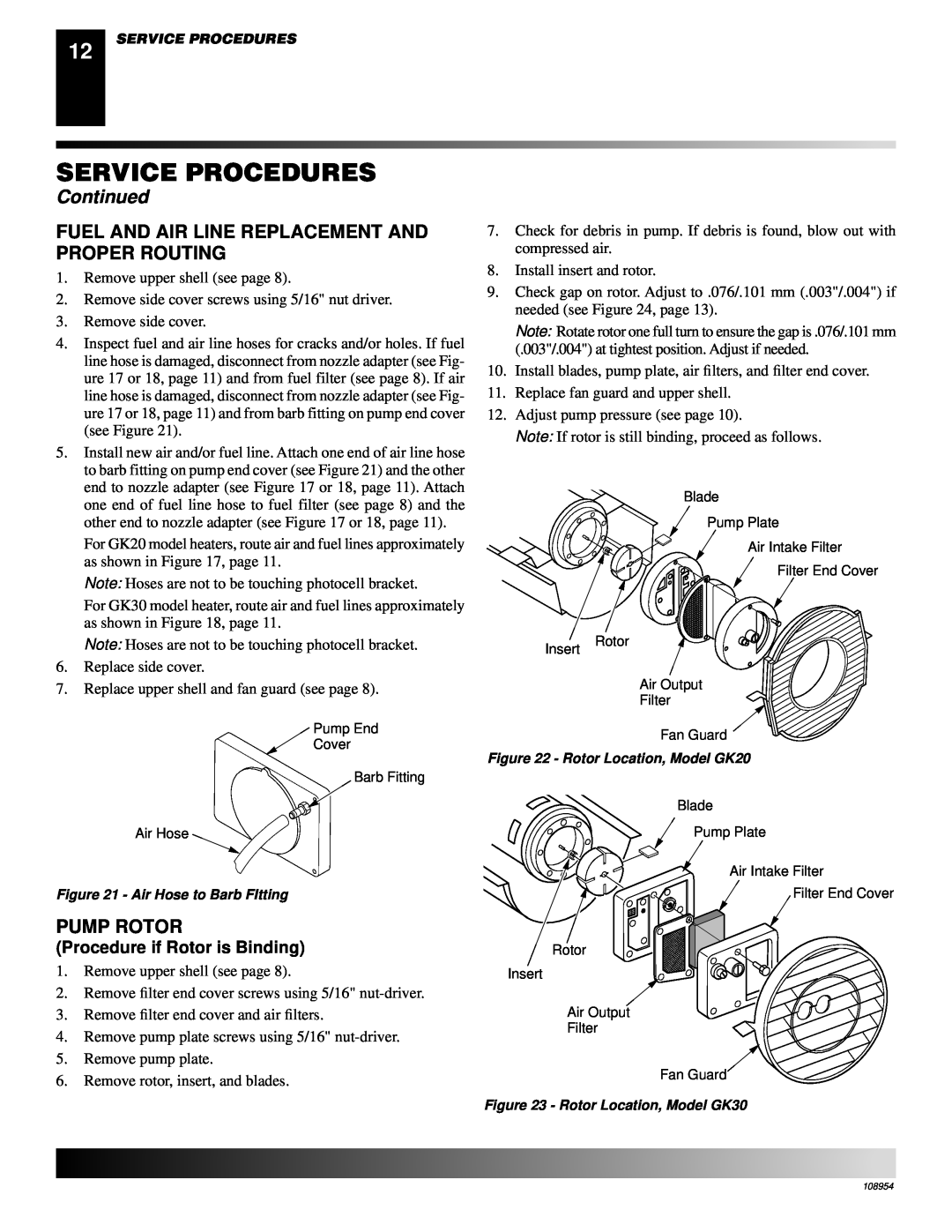 Desa GK20 Fuel And Air Line Replacement And Proper Routing, Pump Rotor, Procedure if Rotor is Binding, Service Procedures 