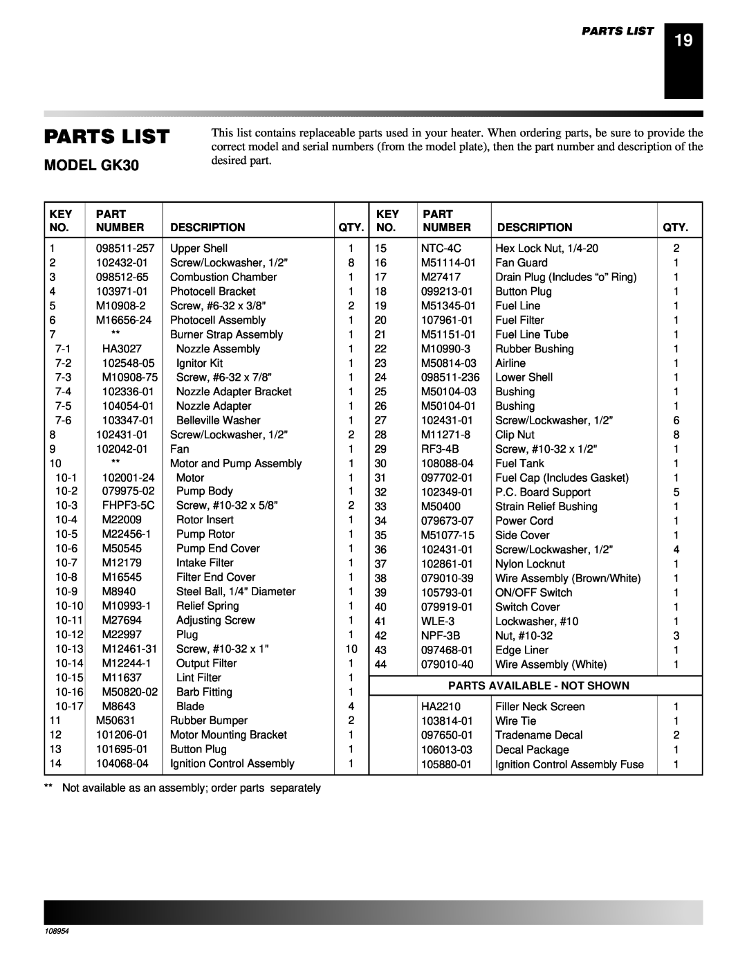 Desa GK20 owner manual Parts List, MODEL GK30, 098511-257 