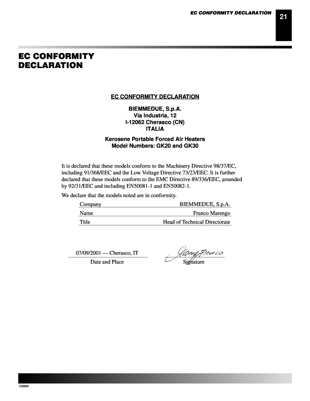 Desa GK30 Ec Conformity Declaration, EC CONFORMITY DECLARATION BIEMMEDUE, S.p.A, Via Industria, I-12062Cherasco CN ITALIA 