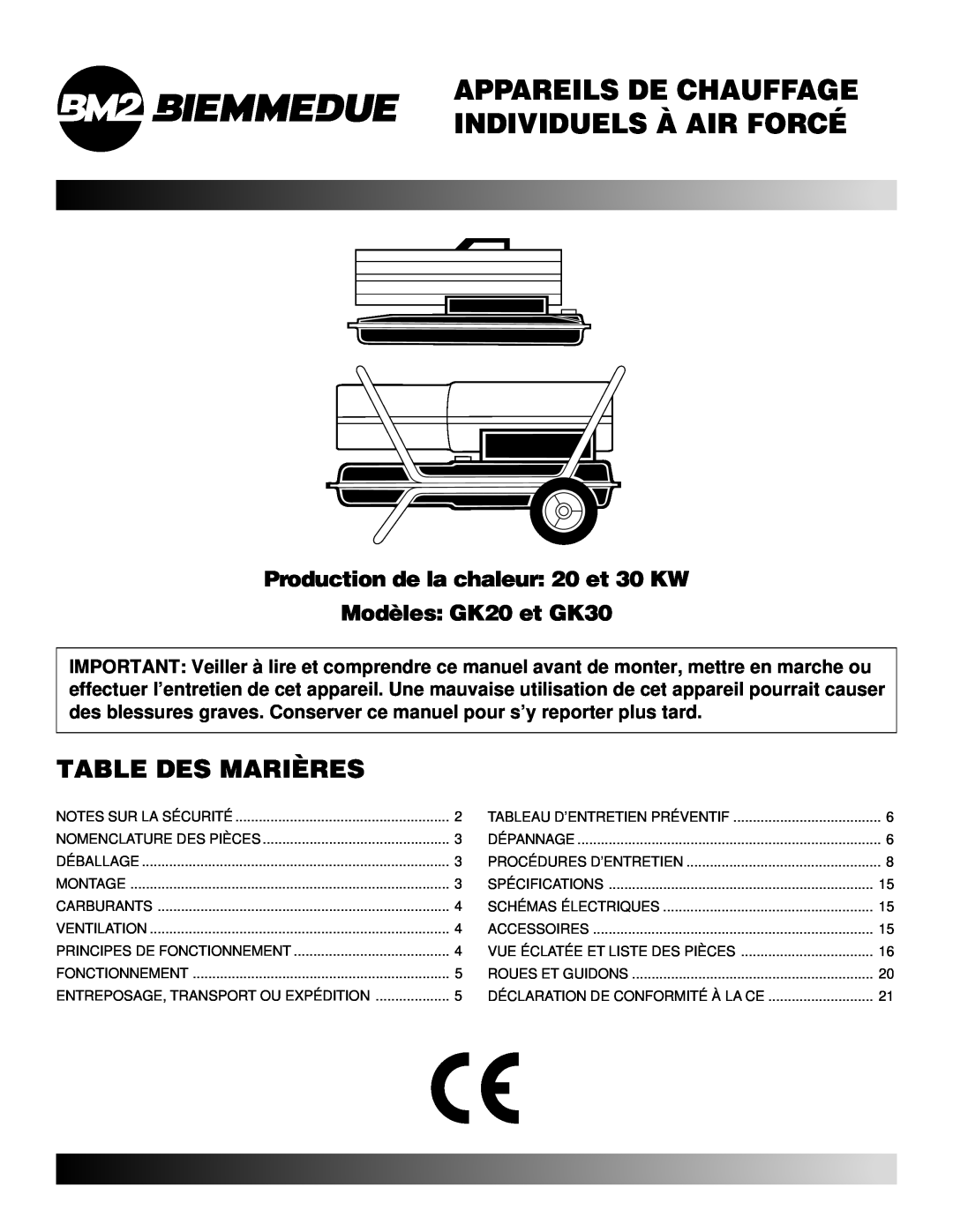 Desa owner manual Appareils De Chauffage Individuels À Air Forcé, Table Des Marières, Modèles: GK20 et GK30 