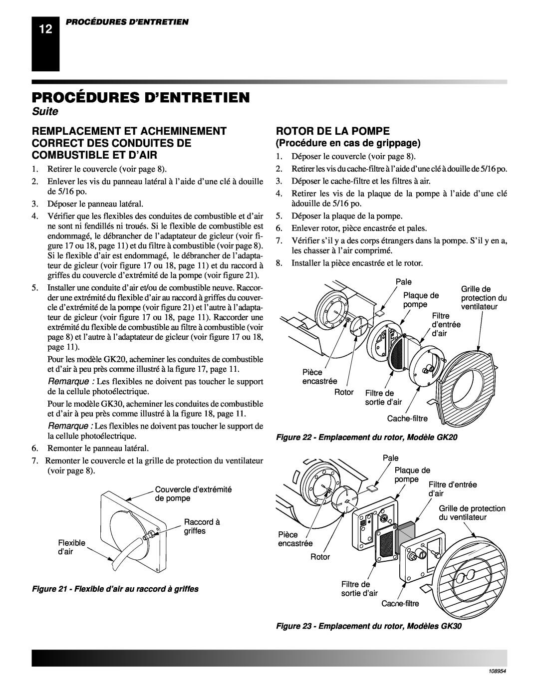 Desa GK20, GK30 owner manual Rotor De La Pompe, Procé dure en cas de grippage, Procédures D’Entretien, Suite 