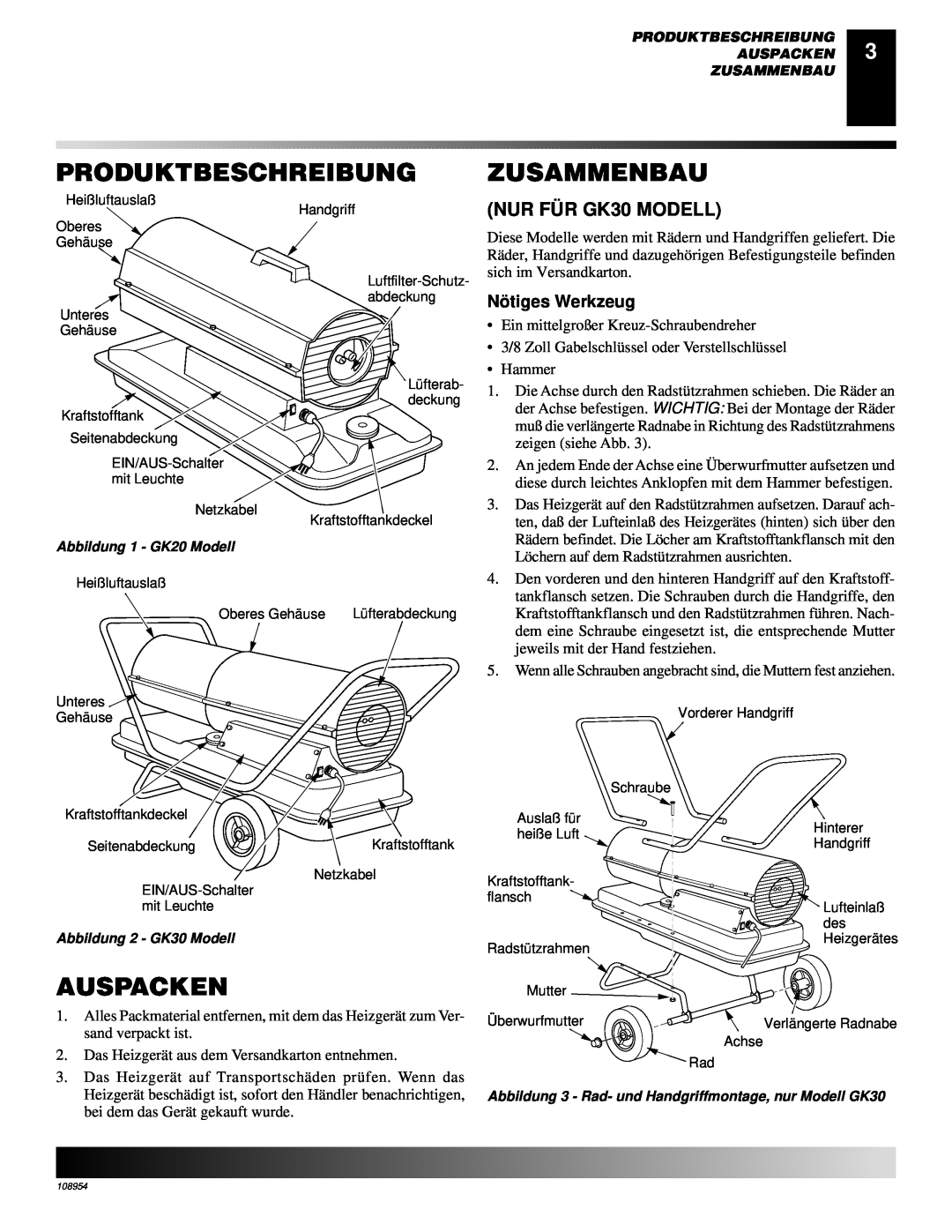 Desa GK20 owner manual Produktbeschreibung, Zusammenbau, Auspacken, NUR FÜ R GK30 MODELL, Nö tiges Werkzeug 