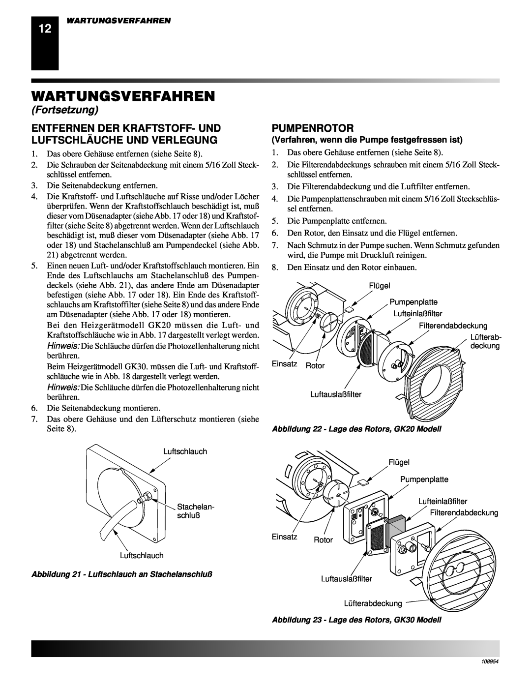 Desa GK20, GK30 owner manual Pumpenrotor, Wartungsverfahren, Fortsetzung, Verfahren, wenn die Pumpe festgefressen ist 