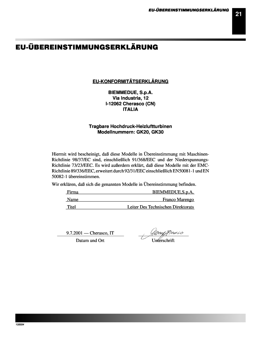 Desa GK30 Eu-Übereinstimmungserklärung, EU-KONFORMITÄTSERKLÄ RUNG BIEMMEDUE, S.p.A, Tragbare Hochdruck-Heizluftturbinen 