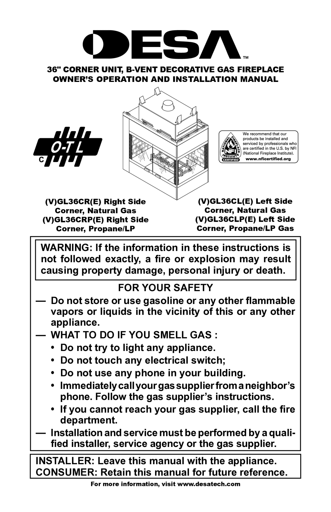 Desa GL36CRP, GL36CLP installation manual For Your Safety 