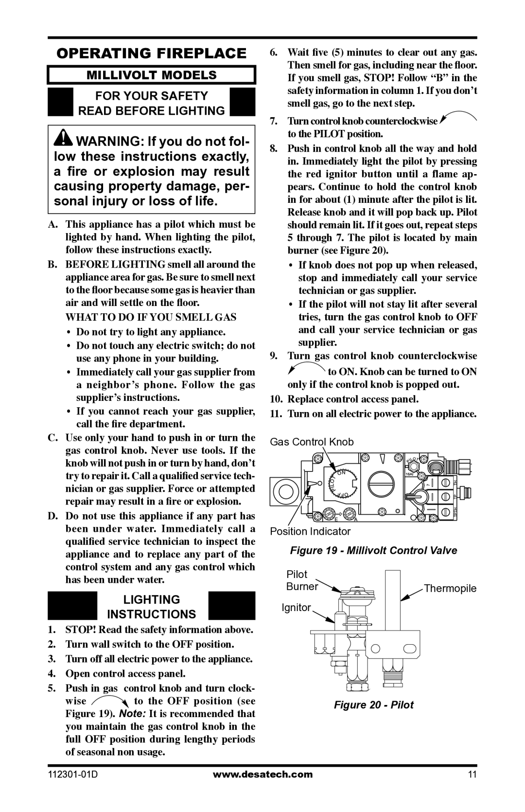 Desa GL36CLP, GL36CRP Operating Fireplace, Millivolt models, For Your Safety Read Before Lighting, Lighting Instructions 