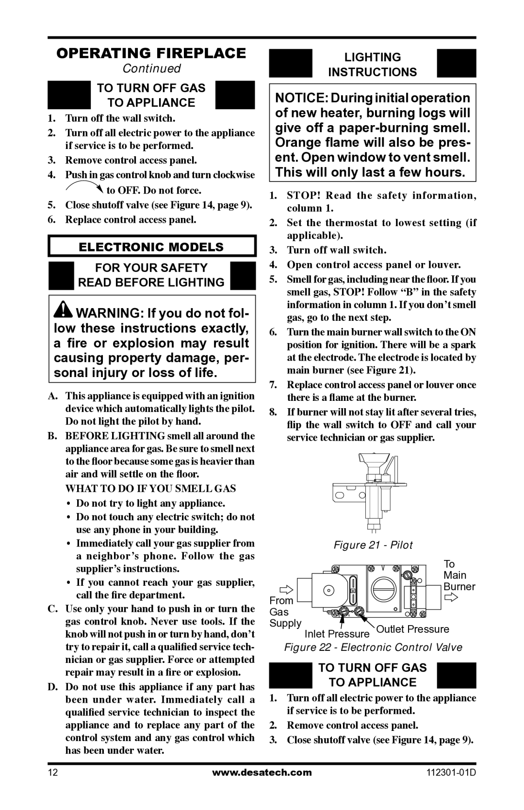 Desa GL36CRP, GL36CLP installation manual To Turn OFF GAS To Appliance, Electronic models 