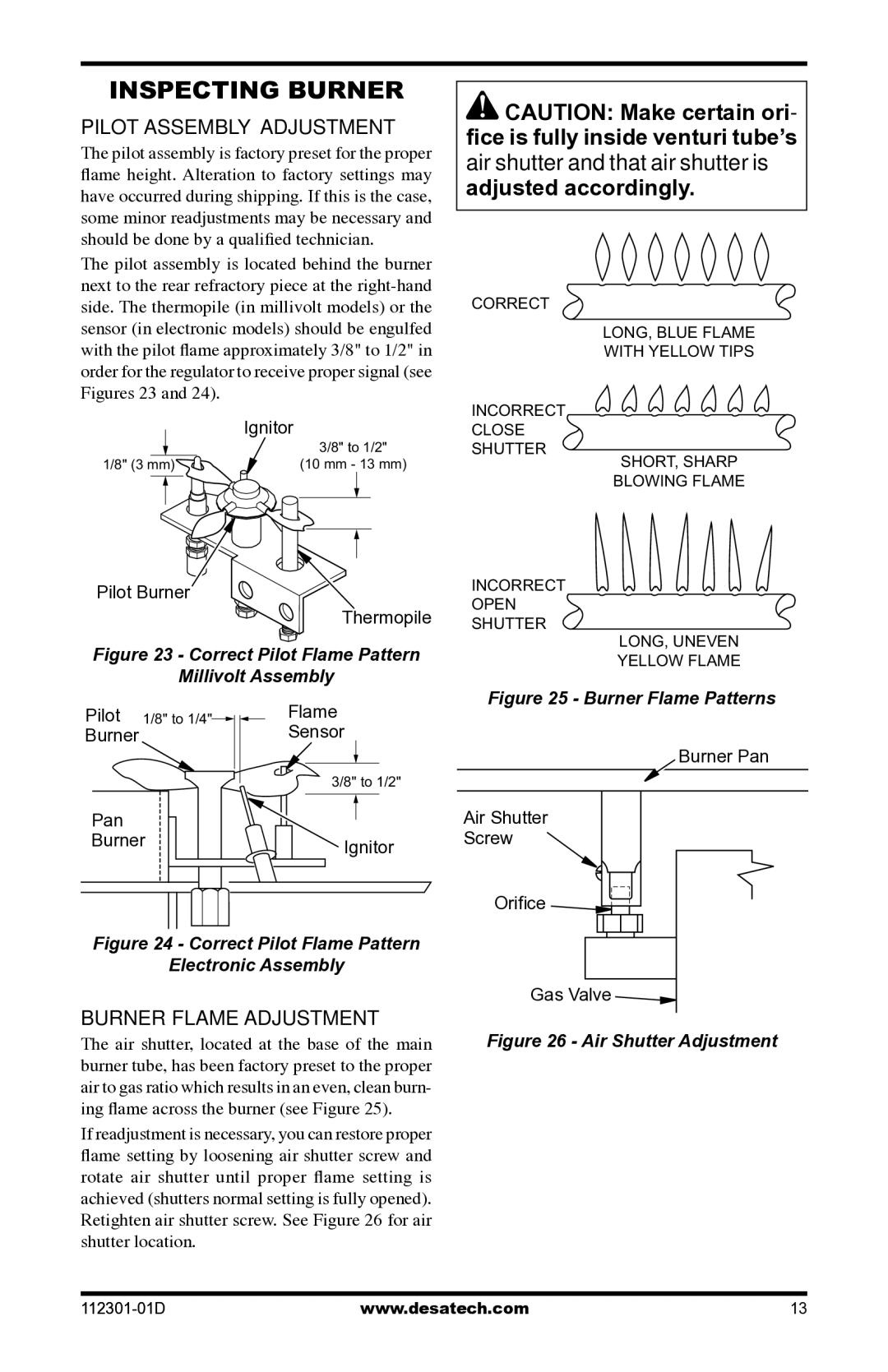 Desa GL36CRP, GL36CLP installation manual Inspecting Burner, Pilot Assembly Adjustment, Burner Flame Adjustment 