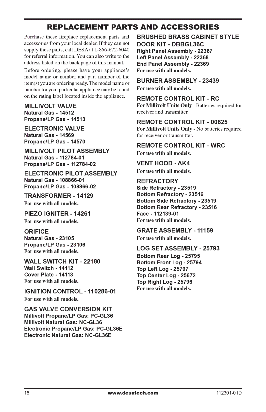 Desa GL36CRP, GL36CLP installation manual Replacement Parts and Accessories 