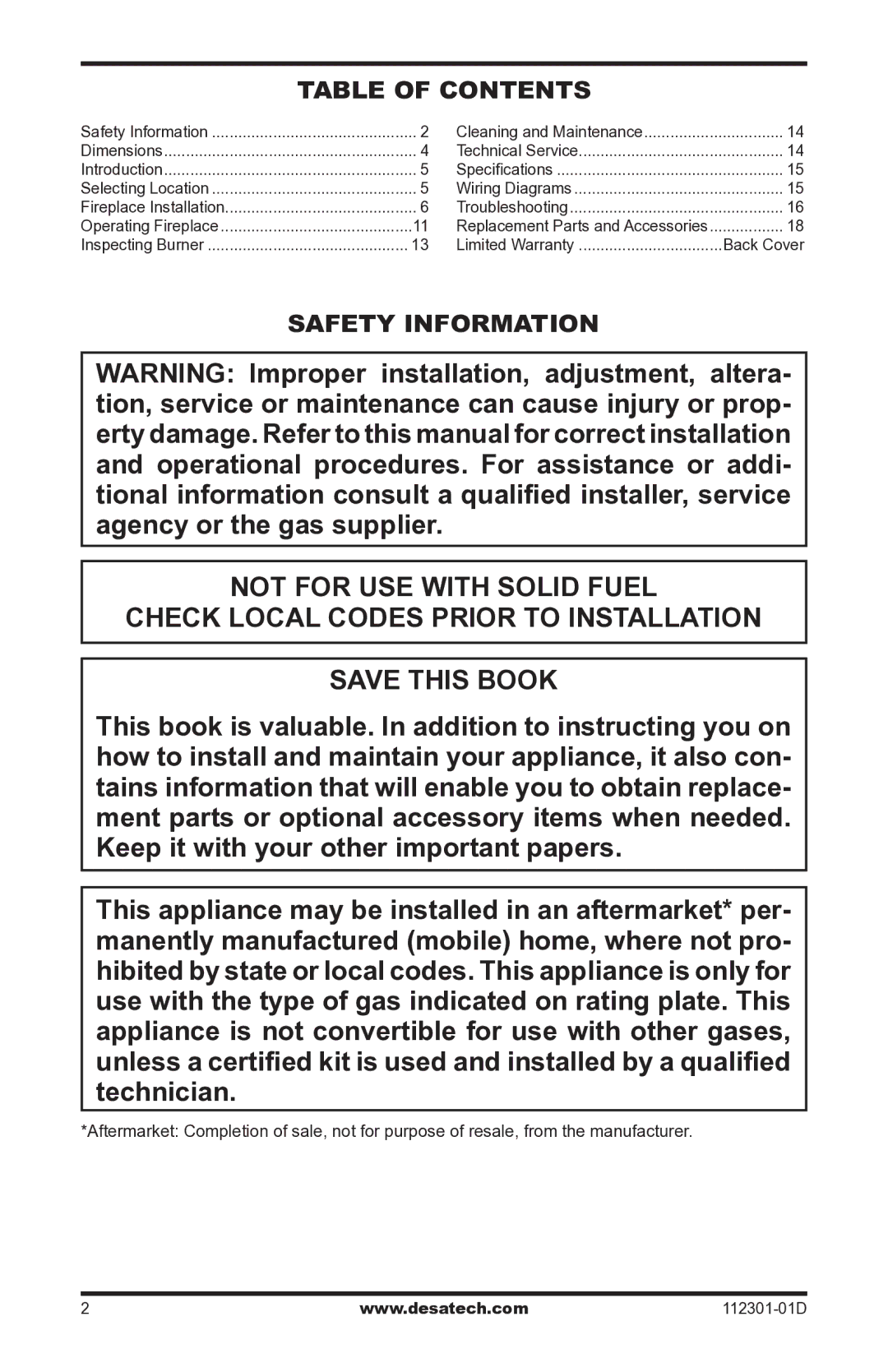 Desa GL36CRP, GL36CLP installation manual Table of Contents 