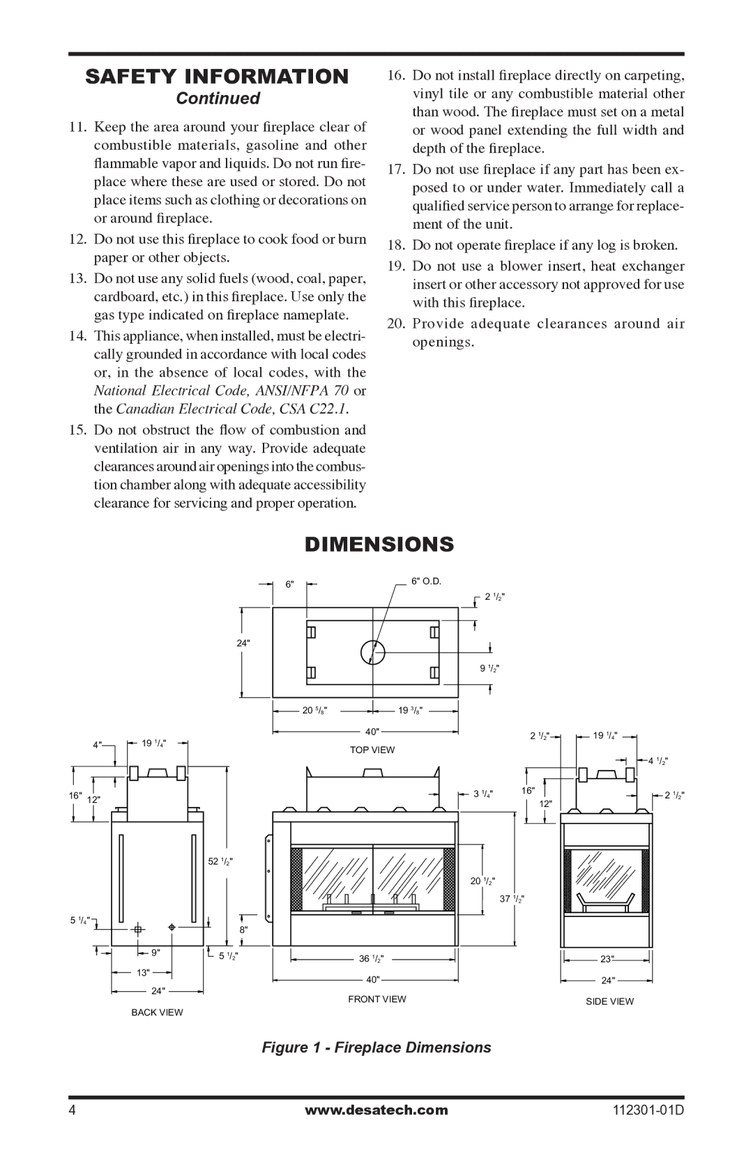 Desa GL36CRP, GL36CLP installation manual Fireplace Dimensions 