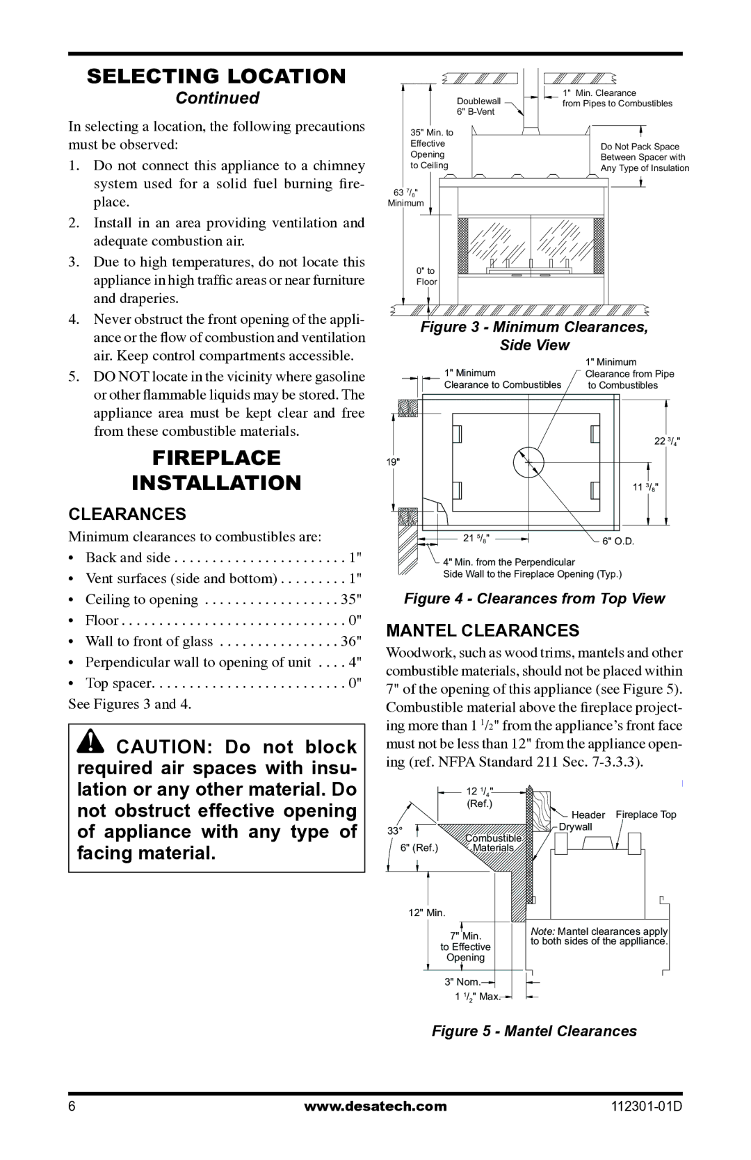 Desa GL36CRP, GL36CLP installation manual Fireplace Installation, Mantel Clearances 