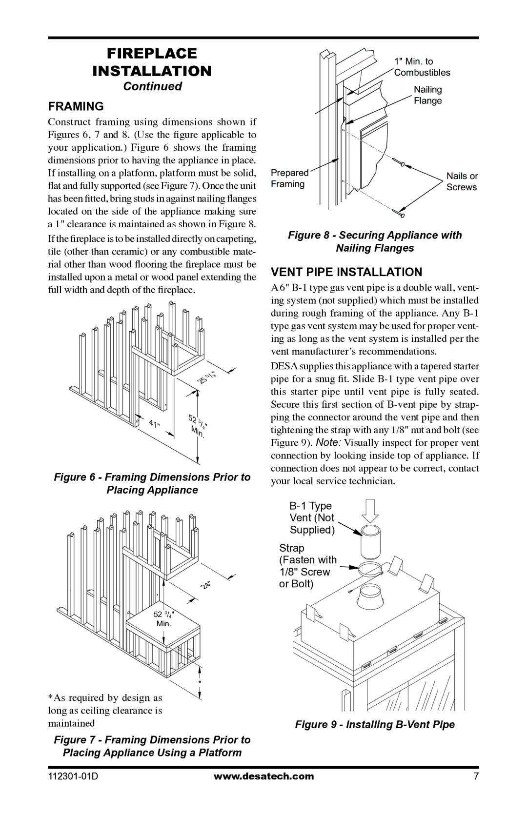 Desa GL36CLP, GL36CRP installation manual Framing, Vent pipe installation 