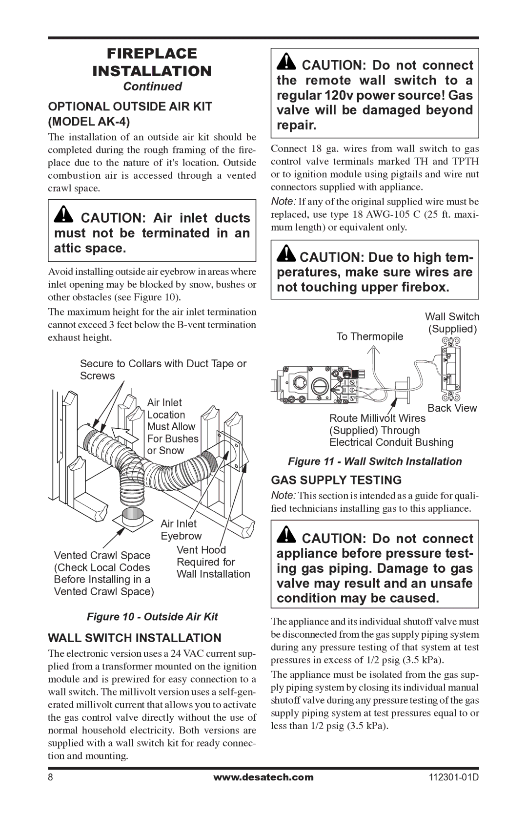 Desa GL36CRP, GL36CLP Optional Outside air Kit Model ak-4, Wall Switch Installation, GAS Supply Testing 