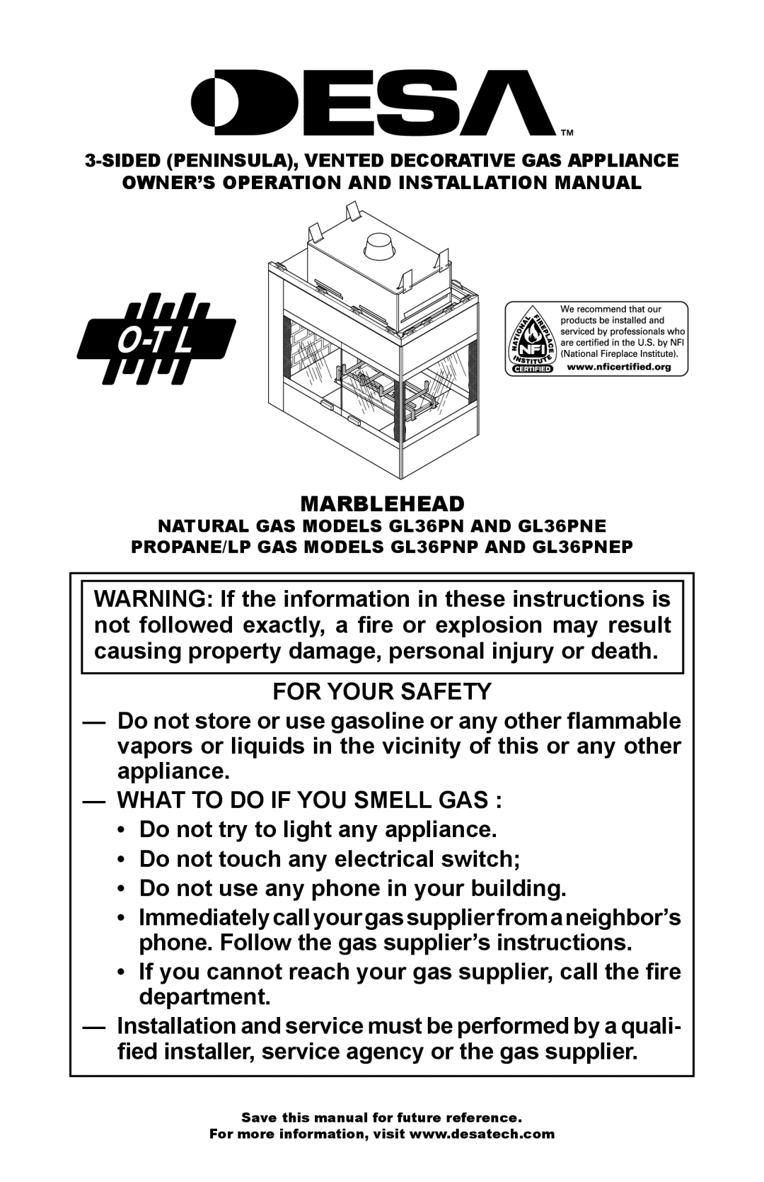 Desa GL36PNP, GL36PNEP installation manual For Your Safety, Marblehead 