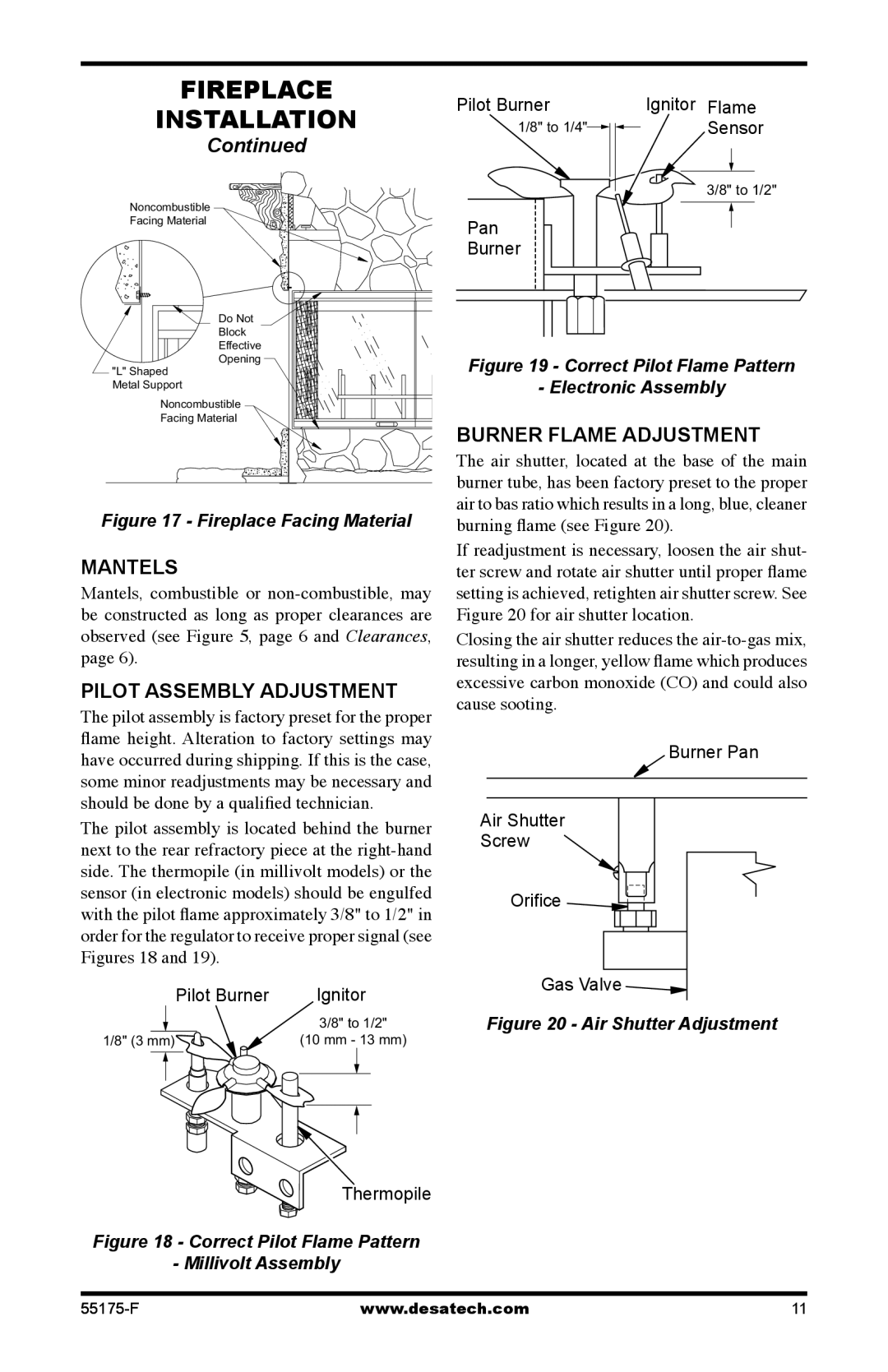 Desa GL36PNEP, GL36PNP installation manual Mantels, Pilot Assembly Adjustment, Burner Flame Adjustment 