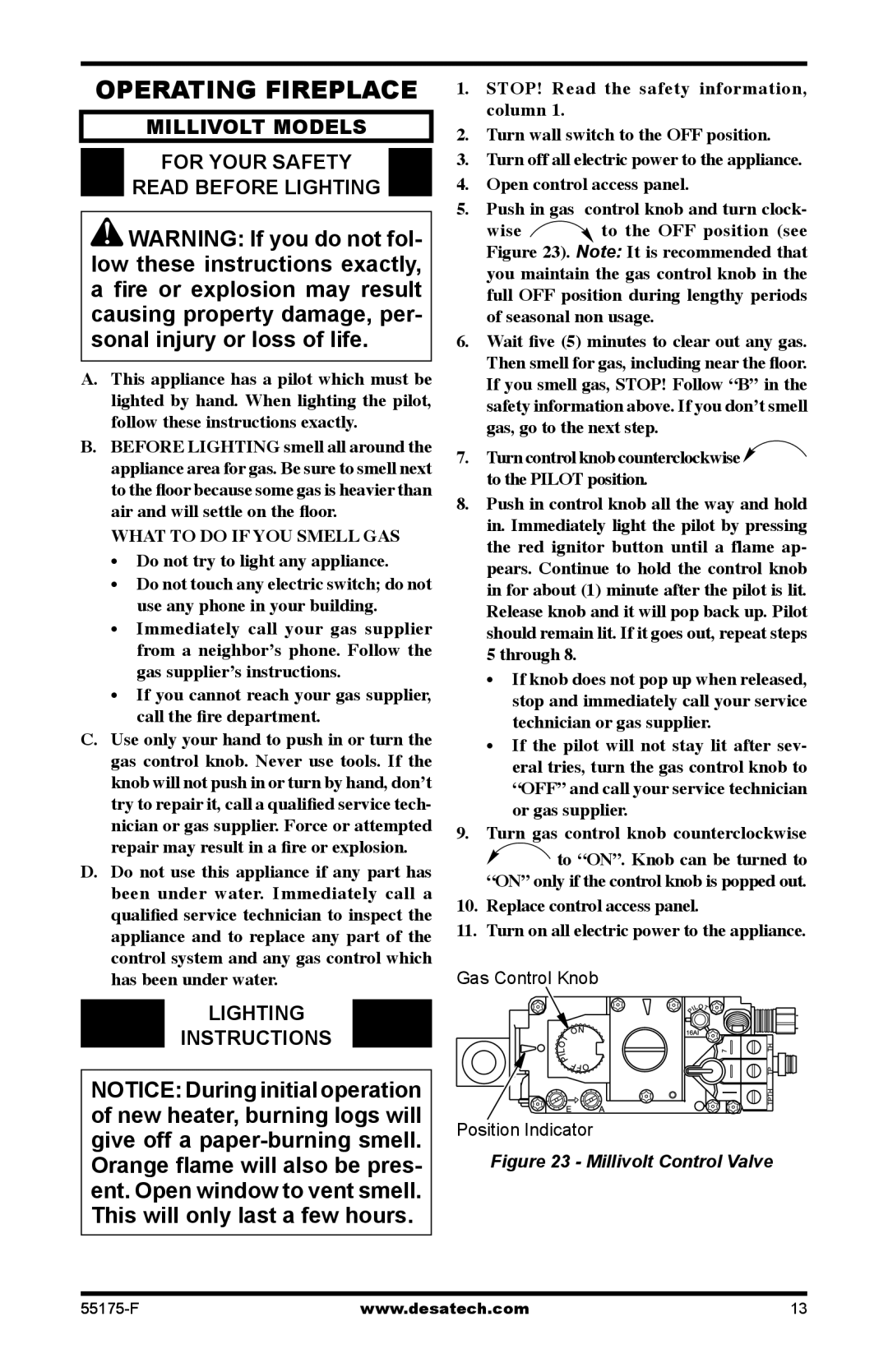 Desa GL36PNP, GL36PNE Operating Fireplace, Millivolt Models For Your Safety Read Before Lighting, Lighting Instructions 