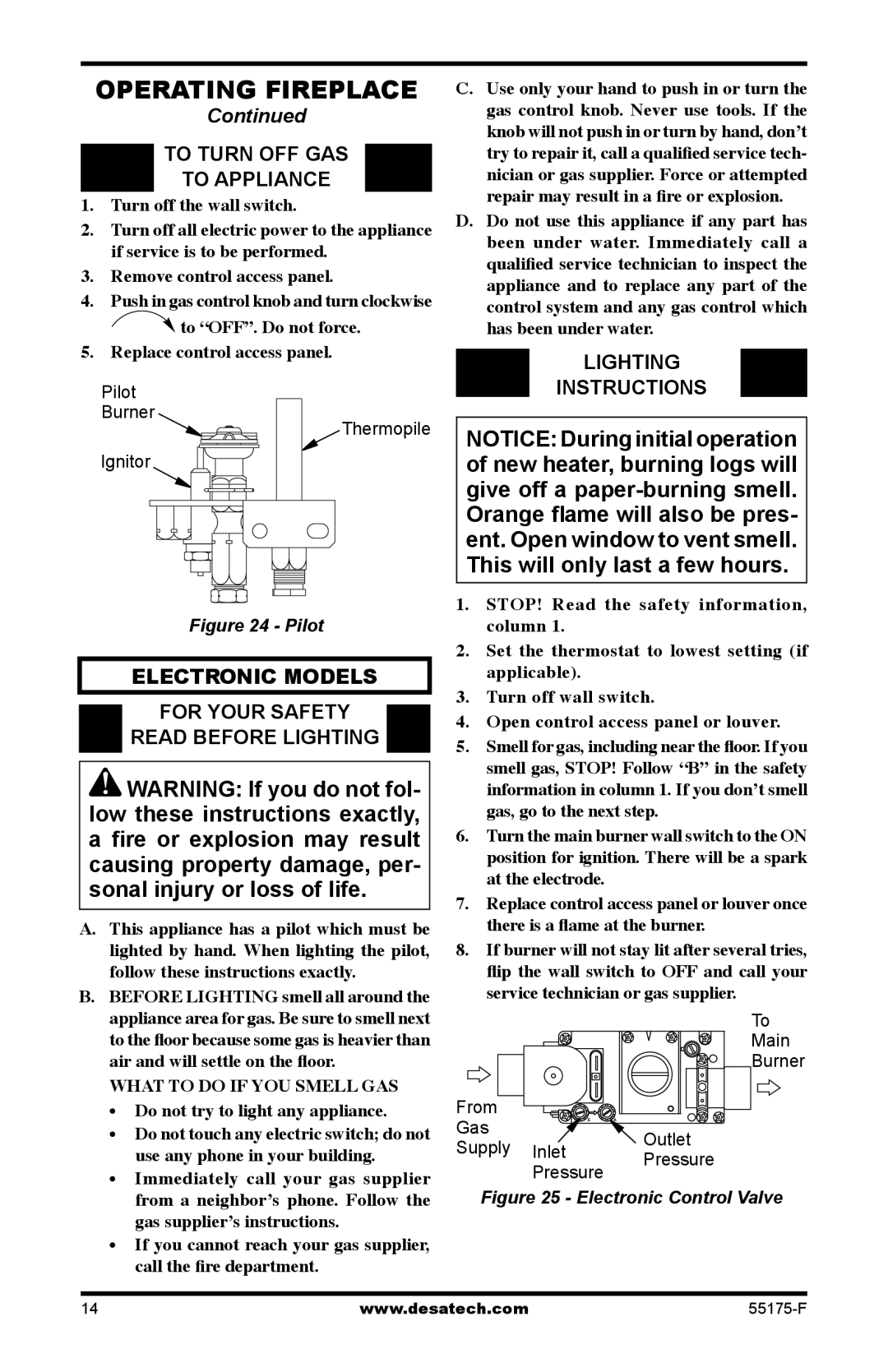 Desa GL36PNP, GL36PNEP To Turn OFF GAS To Appliance, Electronic Models For Your Safety Read Before Lighting 