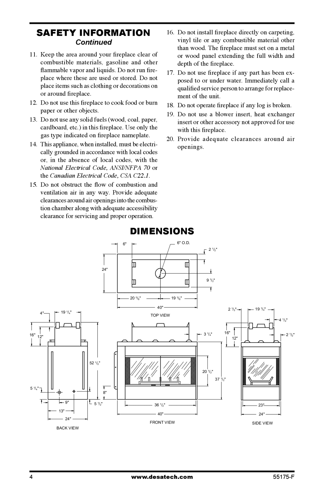 Desa GL36PNP, GL36PNEP installation manual Dimensions 