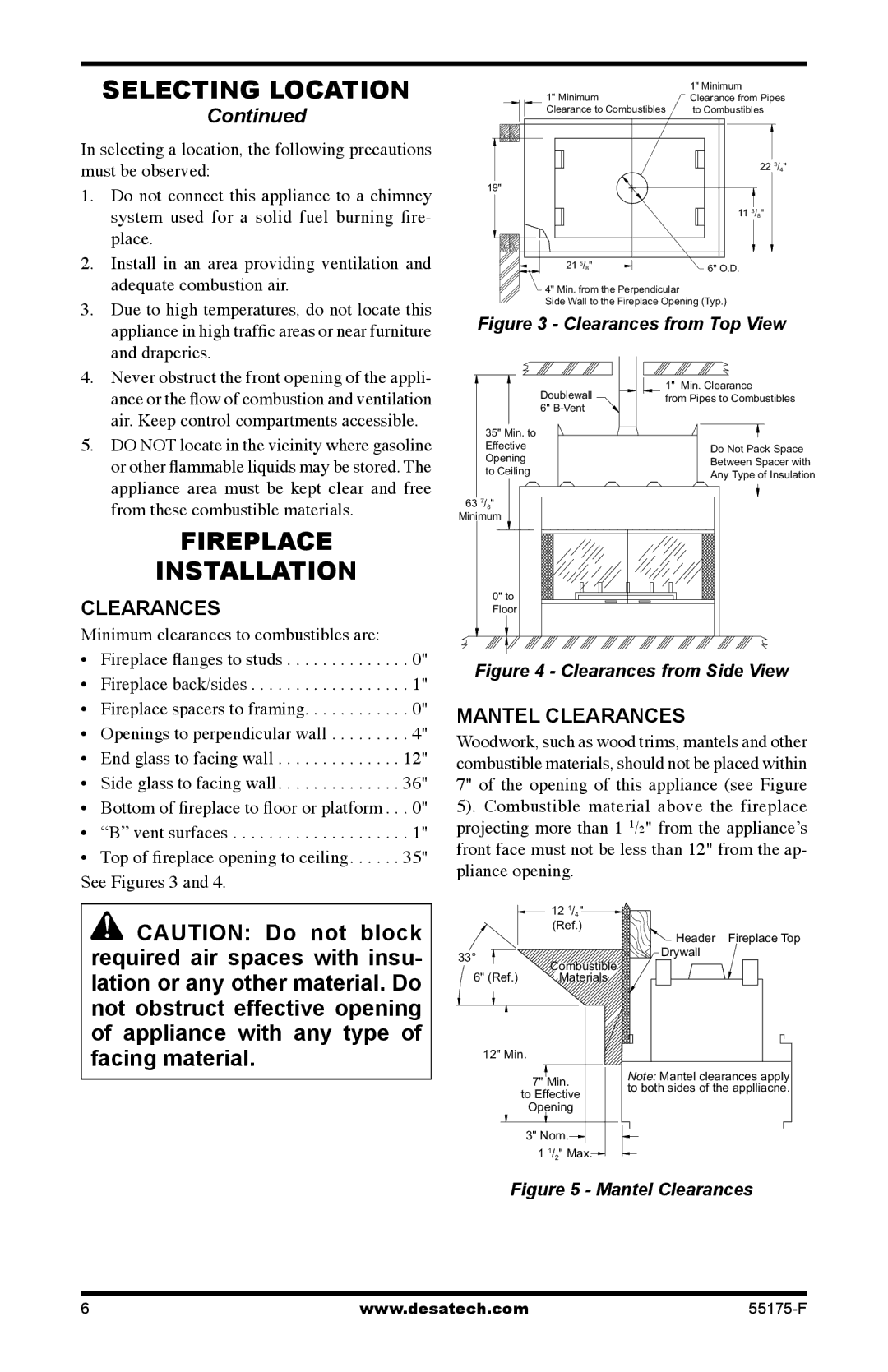 Desa GL36PNP, GL36PNEP installation manual Fireplace Installation, Mantel Clearances 