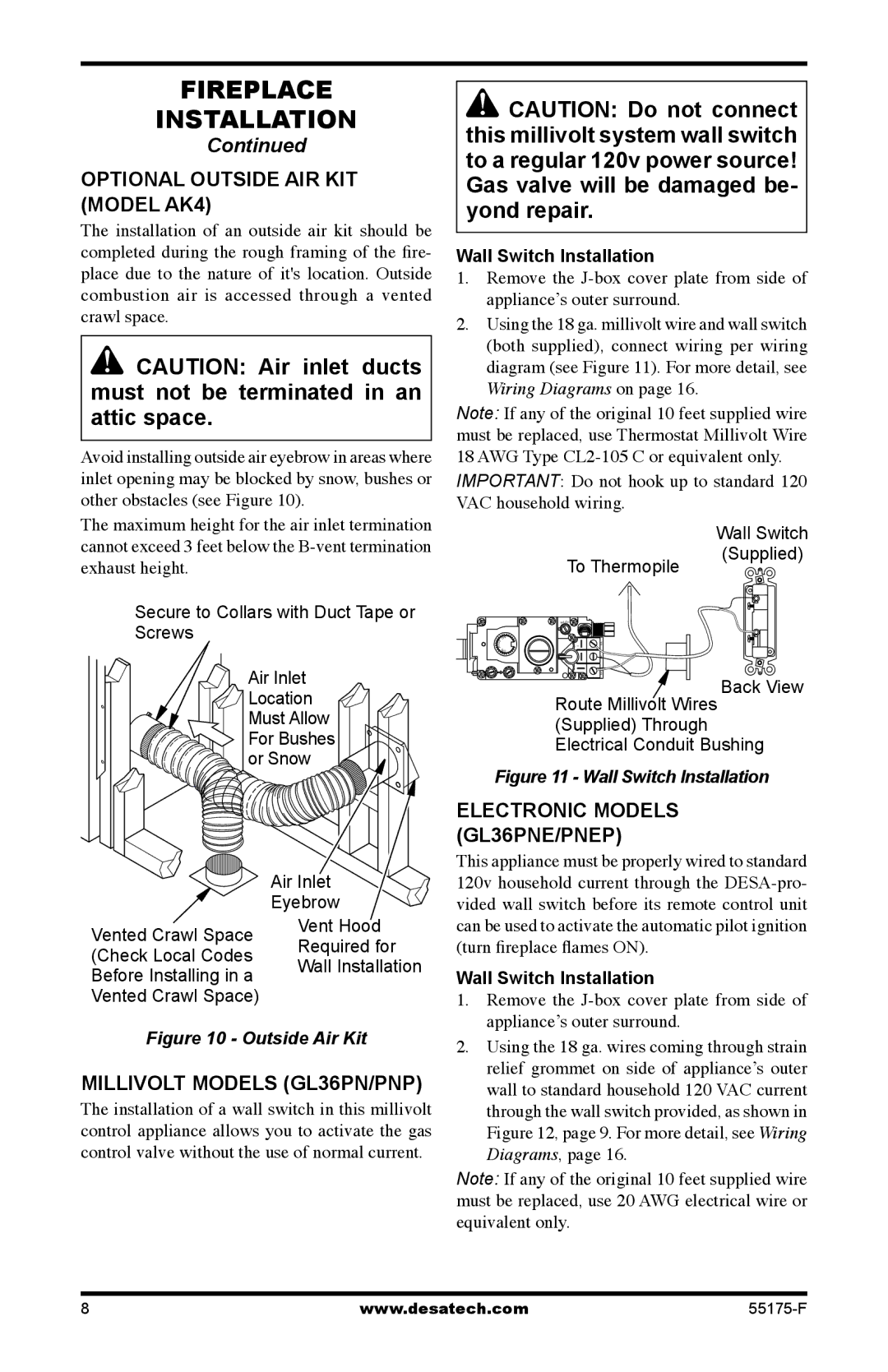 Desa GL36PNP, GL36PNEP Optional Outside AIR KIT Model AK4, Electronic Models, GL36PNE/PNEP, Millivolt Models GL36PN/PNP 