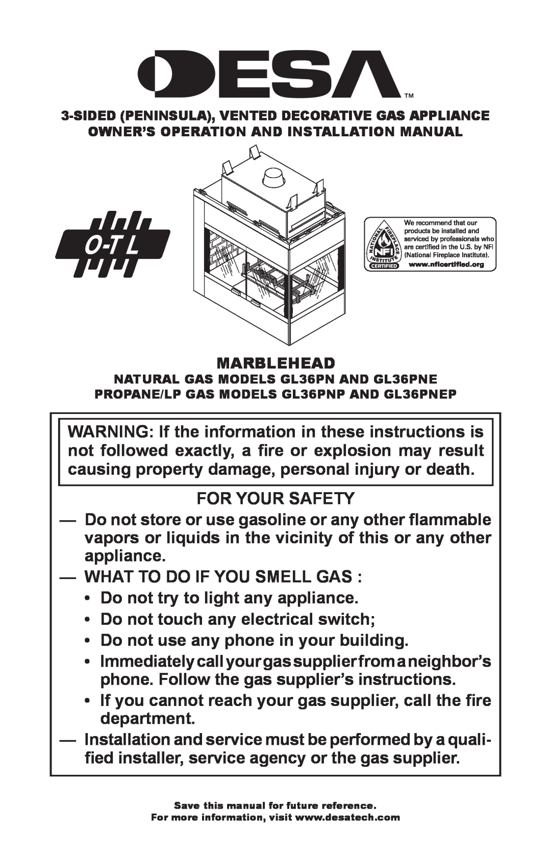 Desa GL36PNP, GL36PNEP installation manual For Your Safety 