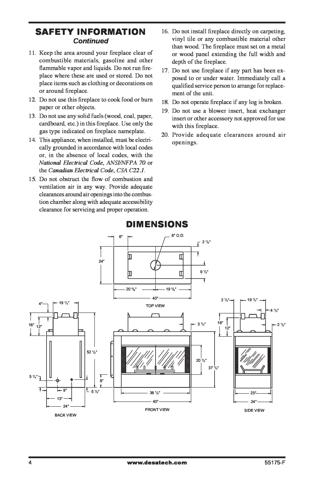 Desa GL36PNP, GL36PNEP installation manual Safety Information, Dimensions, Continued 