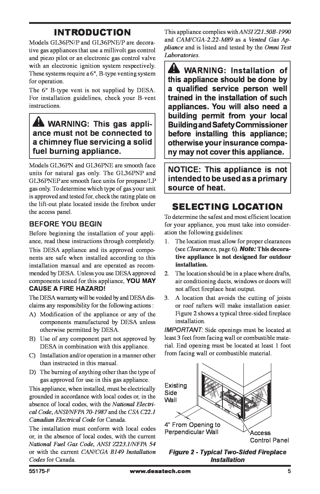 Desa GL36PNP, GL36PNEP installation manual Introduction, Selecting Location, Before You Begin 