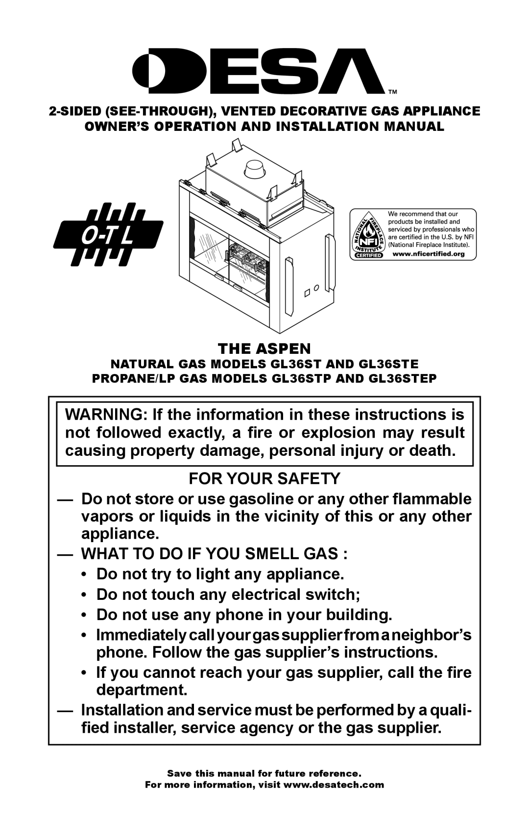 Desa GL36STEP, GL36STP installation manual For Your Safety, Aspen 