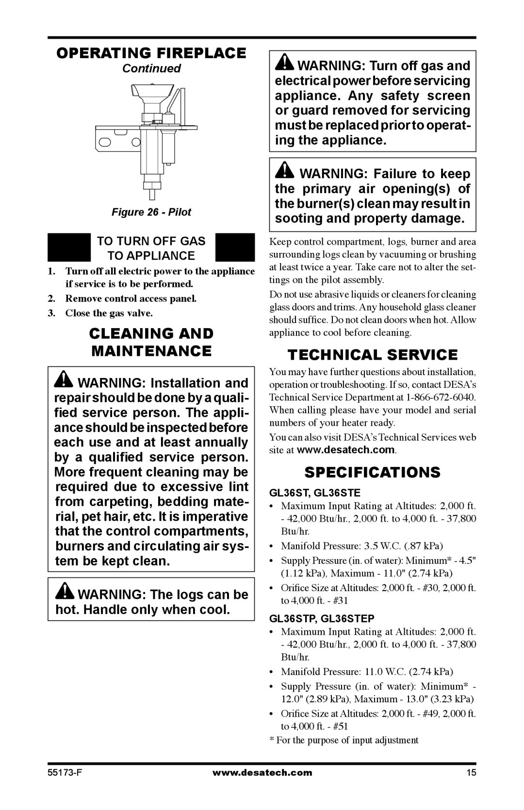 Desa installation manual Cleaning Maintenance, Technical Service, Specifications, GL36ST, GL36STE, GL36STP, GL36STEP 