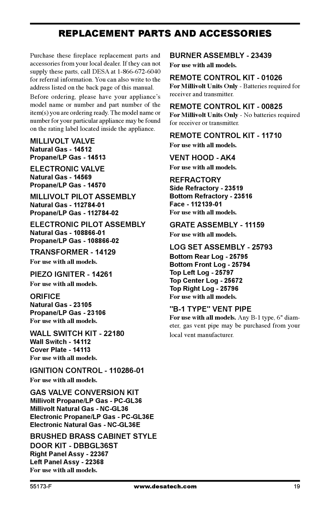 Desa GL36STEP, GL36STP installation manual Replacement Parts and Accessories 