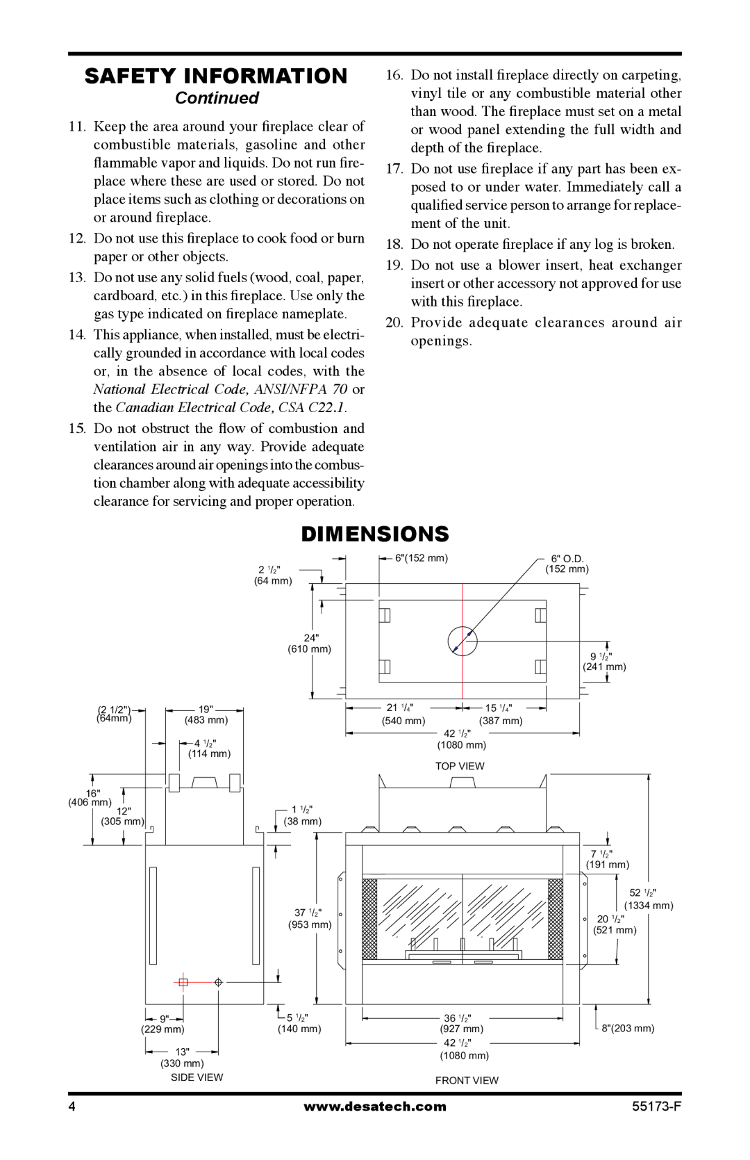 Desa GL36STP, GL36STEP installation manual Dimensions 