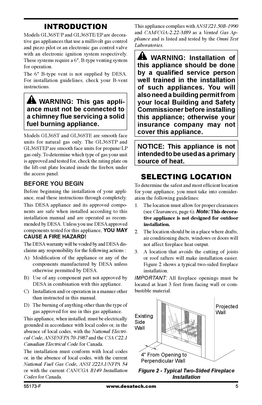 Desa GL36STEP, GL36STP installation manual Introduction, Selecting Location, Before YOU Begin, Cause a Fire Hazard 