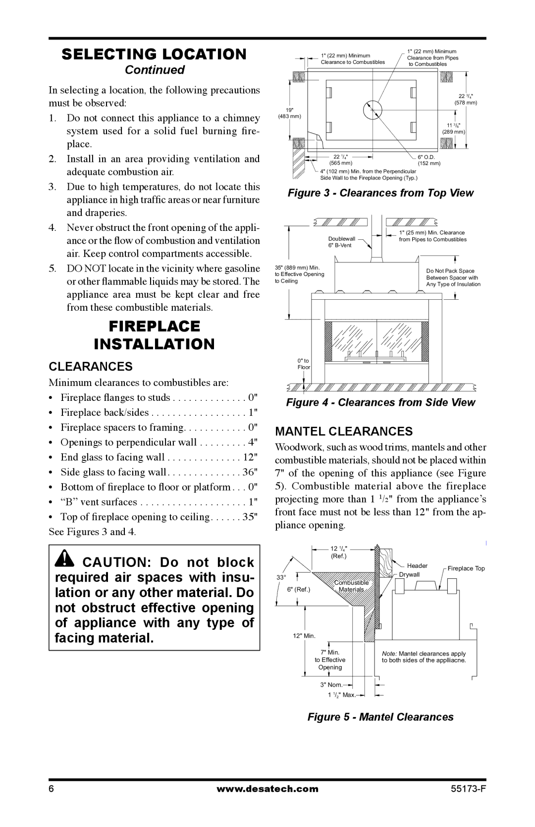 Desa GL36STP, GL36STEP installation manual Fireplace Installation, Mantel Clearances 