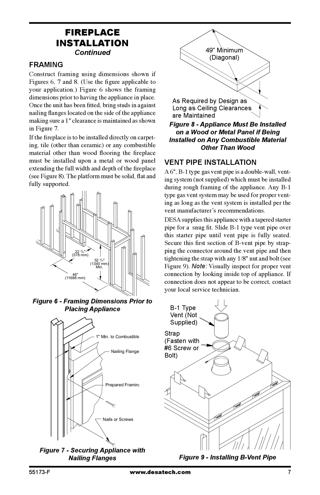 Desa GL36STEP, GL36STP Framing, Vent Pipe Installation, Type Vent Not Supplied Strap Fasten with #6 Screw or Bolt 