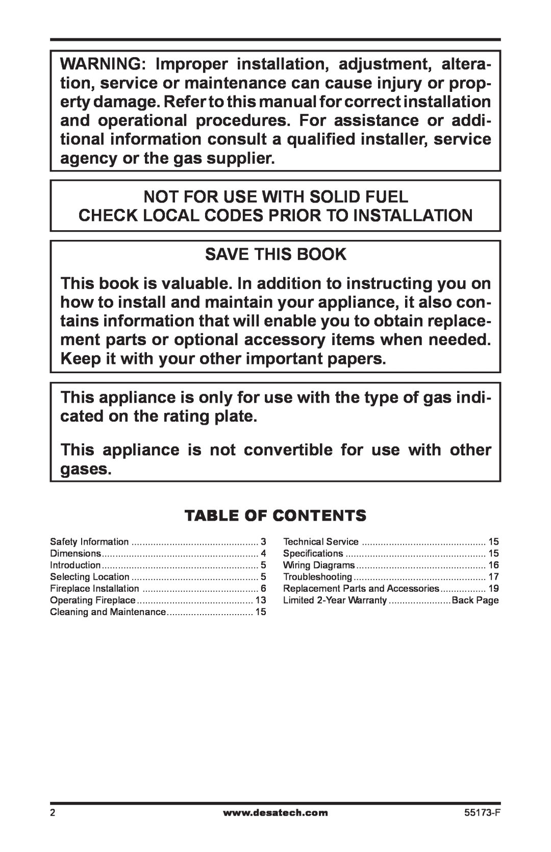 Desa GL36STP, GL36STEP installation manual Not For Use With Solid Fuel Check Local Codes Prior To Installation 