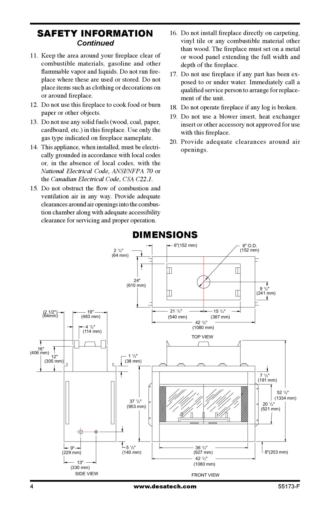 Desa GL36STP, GL36STEP installation manual Safety Information, Dimensions, Continued 