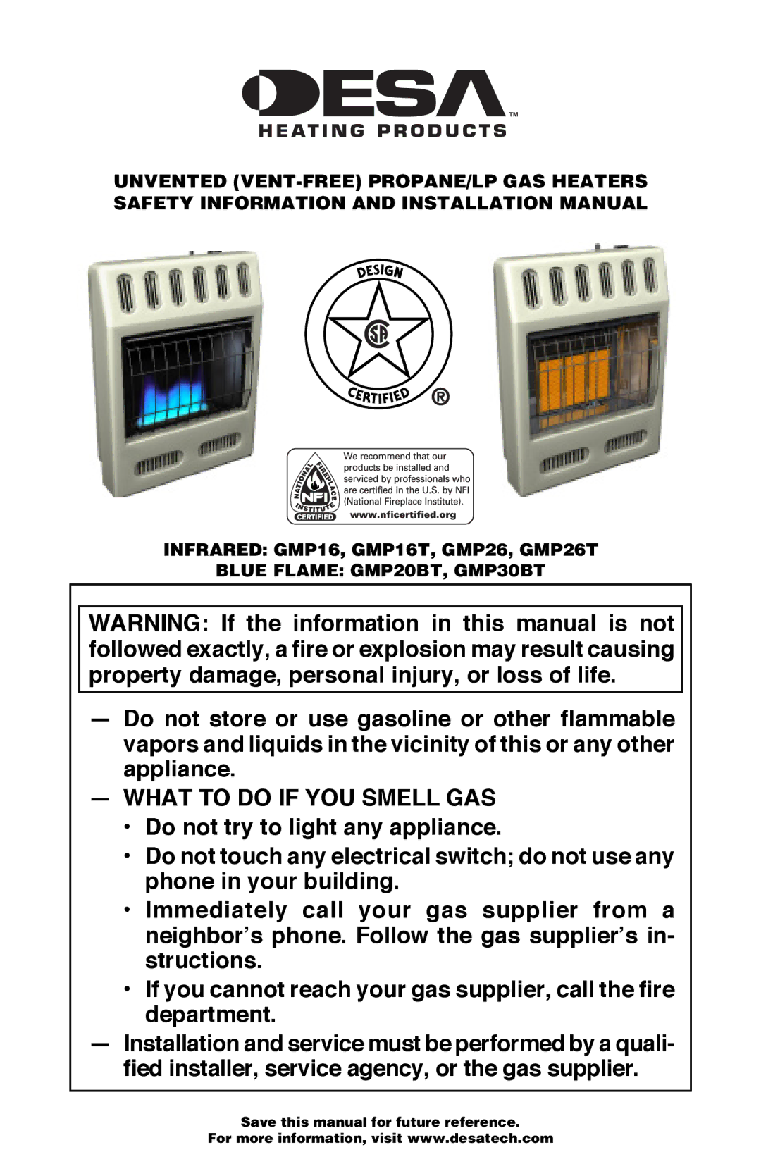 Desa GMP26T, GMP20BT, GMP16T, GMP30BT installation manual What to do if YOU Smell GAS 