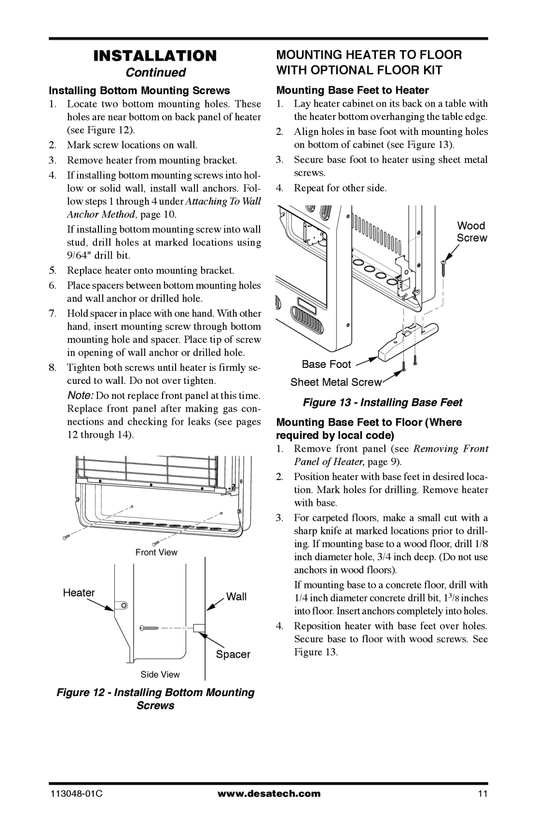 Desa GMP26T, GMP20BT, GMP16T Mounting Heater to Floor with Optional Floor KIT, Installing Bottom Mounting Screws 