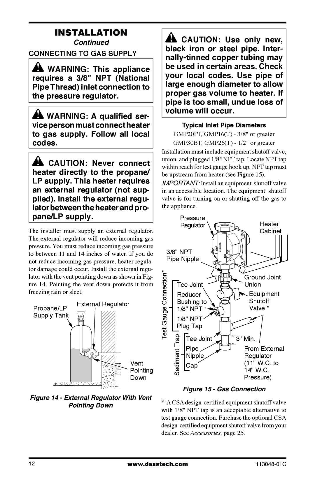 Desa GMP16T, GMP26T, GMP20BT, GMP30BT installation manual Connecting to GAS Supply, Typical Inlet Pipe Diameters 