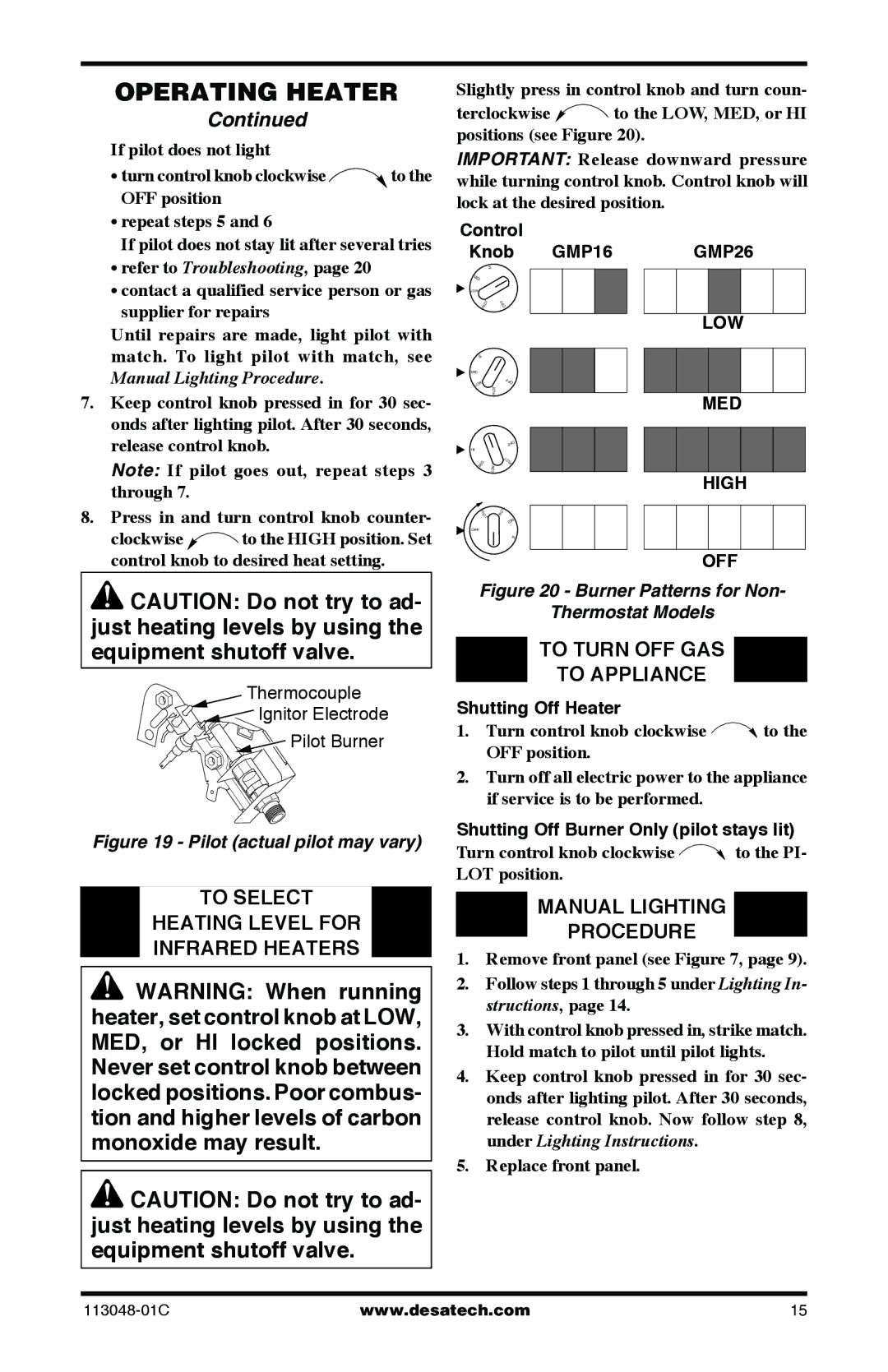 Desa GMP16T To Select Heating Level for Infrared Heaters, To Turn OFF GAS To Appliance, Manual Lighting Procedure 