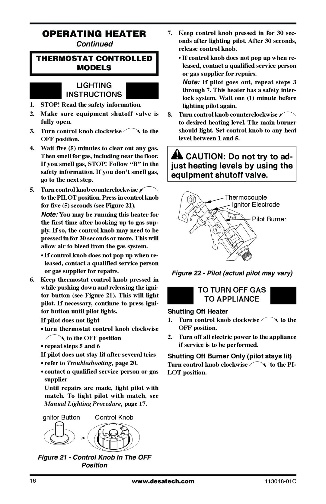 Desa GMP26T, GMP20BT, GMP16T, GMP30BT installation manual Thermostat Controlled Models Lighting Instructions 