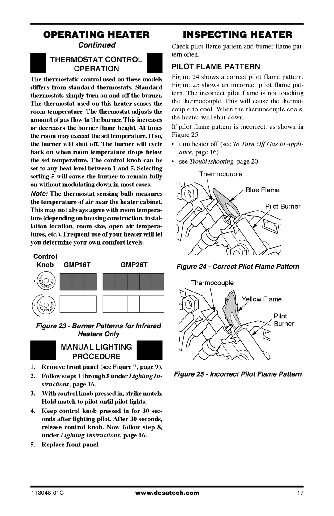 Desa GMP26T, GMP20BT, GMP30BT Inspecting Heater, Thermostat Control Operation, Pilot Flame Pattern, Control Knob GMP16T 