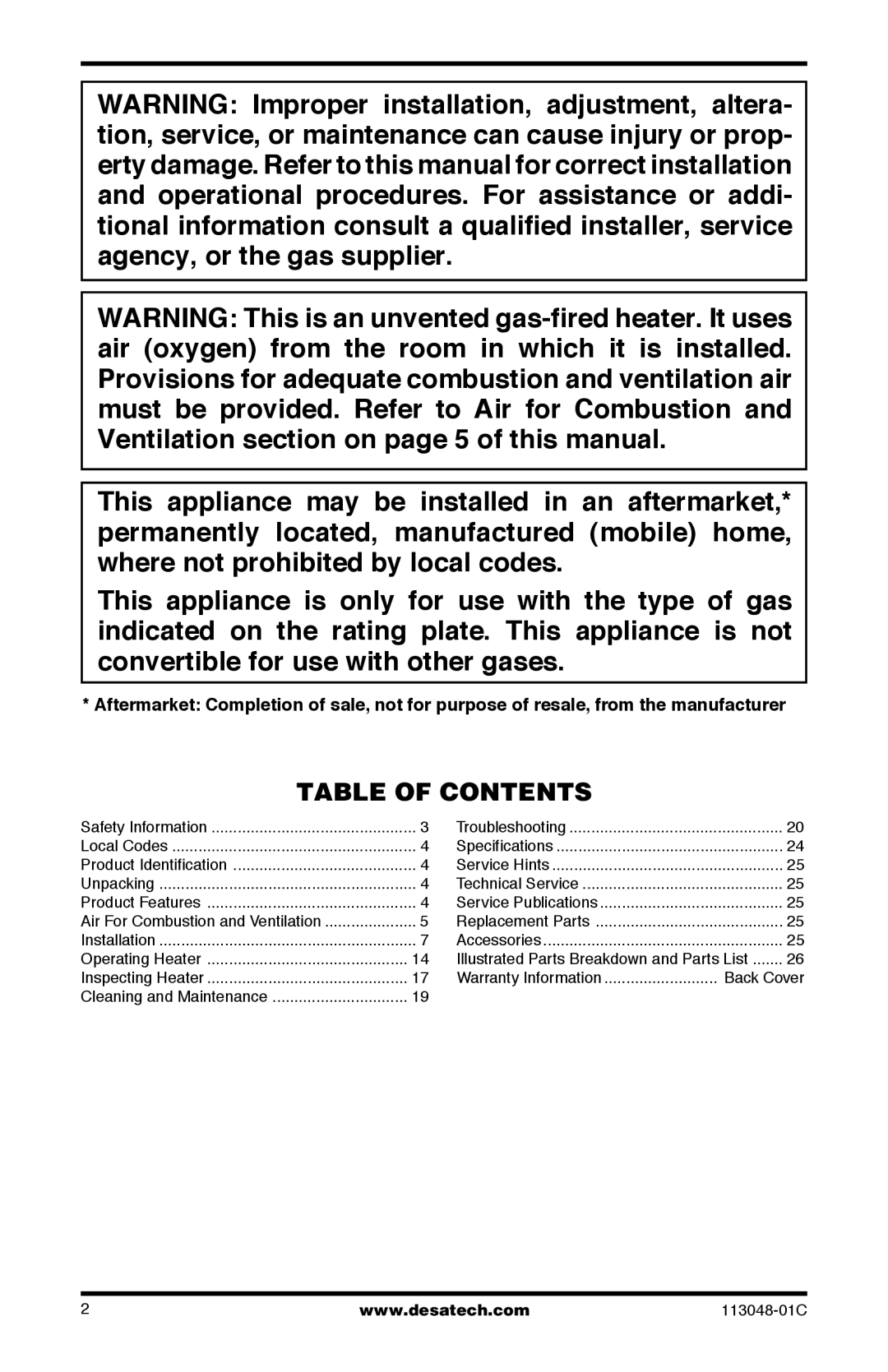 Desa GMP16T, GMP26T, GMP20BT, GMP30BT installation manual Table of Contents 